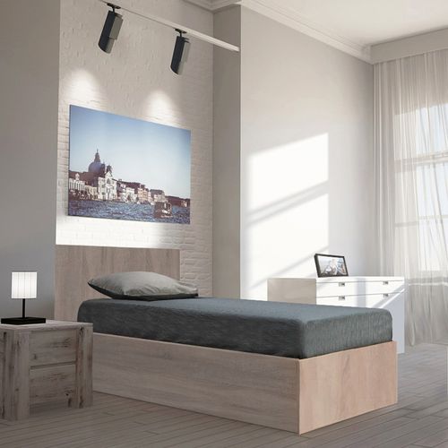 Lit Coffre 1 Place 90x190cm Couleur Chêne Avec Sommier Maro