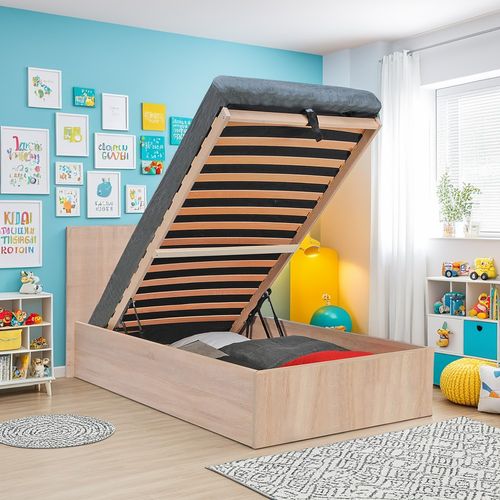 Lit Coffre 1 Place 90x190cm Couleur Chêne Avec Sommier Maro