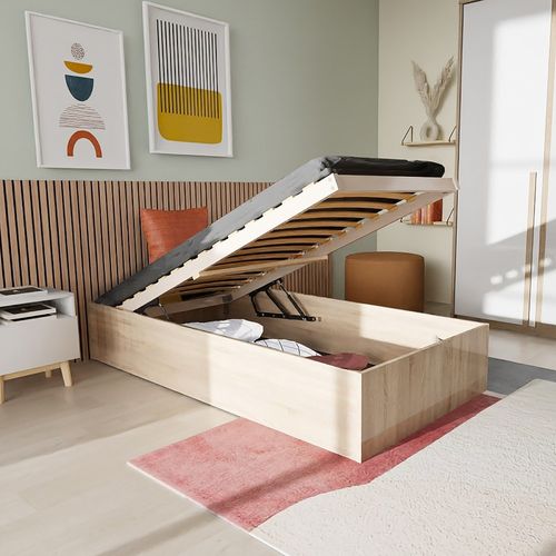 Lit Coffre 1 Place 90x200cm Couleur Chêne Avec Sommier Bily