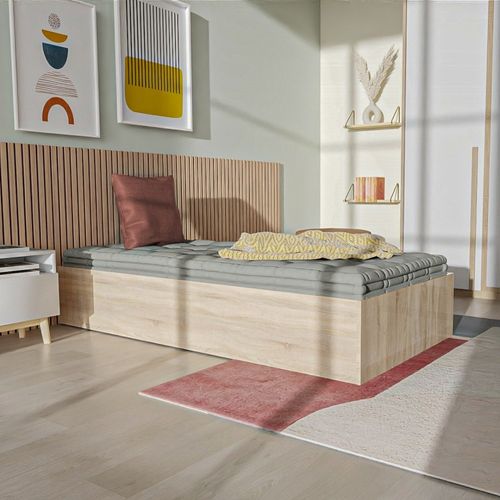 Lit Coffre 1 Place 90x200cm Couleur Chêne Avec Sommier Bily