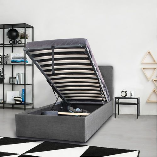 Lit Coffre 1 Place 90x190cm Tissu Gris Foncé Avec Sommier Pama