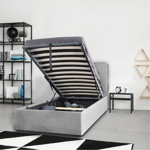 Lit Coffre 1 Place 90x190cm Tissu Gris Clair Avec Sommier Pama