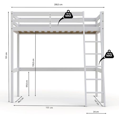 Lit Mezzanine 90x190cm Blanc Sala Avec Incl. Sommier Et Échelle