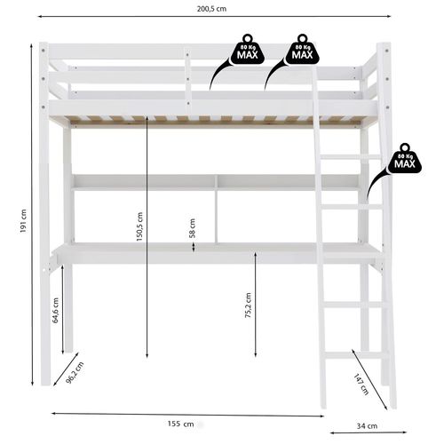 Lit Mezzanine 90x190cm Blanc Sala Avec Bureau Et Étagères Incl. Sommier Et Échelle
