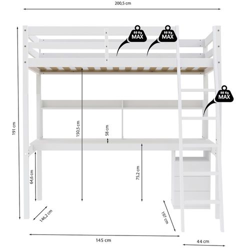 Lit Mezzanine 140x190cm Blanc Sala Avec Bureau Et Commode Incl. Sommier Et Échelle