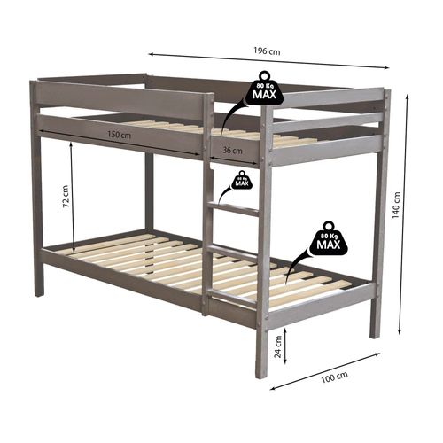Lit Superposé 90x190 Brice Gris Incl. 2 Sommiers