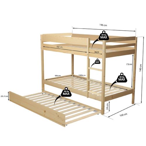 Lit Superposé Et 1 Lit Tiroir 90x190 Will Bois Naturel Incl. Sommier