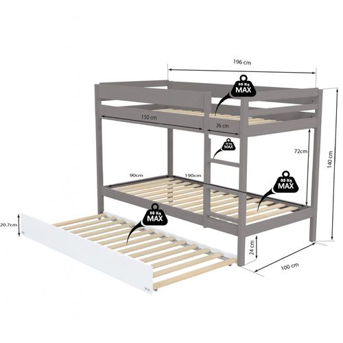 Lit Superposé Et 1 Lit Tiroir 90x190 Will Gris Incl. Sommier