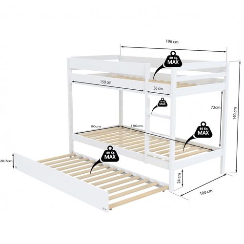 Lit Superposé Et 1 Lit Tiroir 90x190 Will Blanc Incl. Sommier