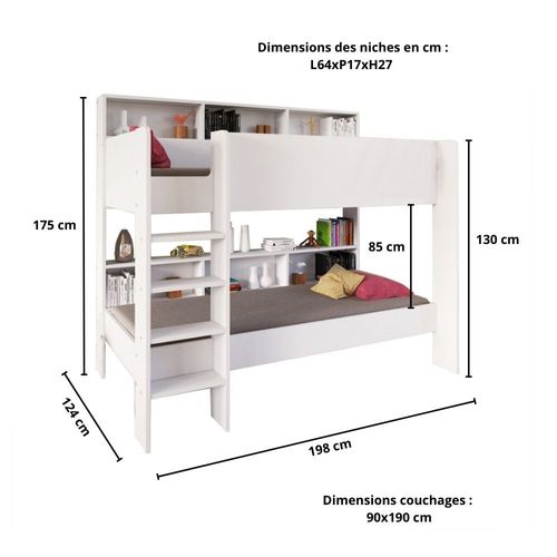Lit Superposé 90x190 Liva Blanc Incl. 2 Sommiers Et Étagères De Rangement
