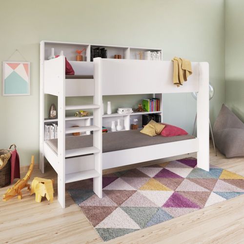 Lit Superposé 90x190 Liva Blanc Incl. 2 Sommiers Et Étagères De Rangement