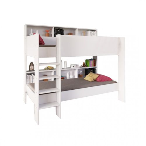 Lit Superposé 90x190 Liva Blanc Incl. 2 Sommiers Et Étagères De Rangement