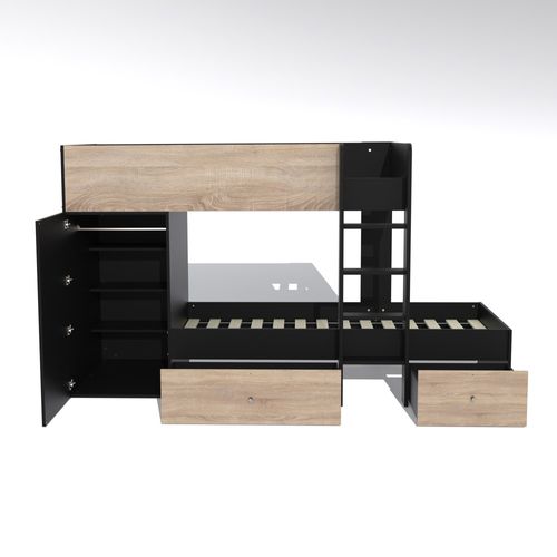 Lit Superposé 90x190 Avec Armoire Et Tiroirs Tweel Noir Et Chêne Incl. 2 Sommiers