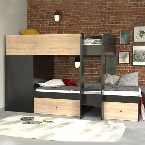 Lit Superposé 90x190 Avec Armoire Et Tiroirs Tweel Noir Et Chêne Incl. 2 Sommiers