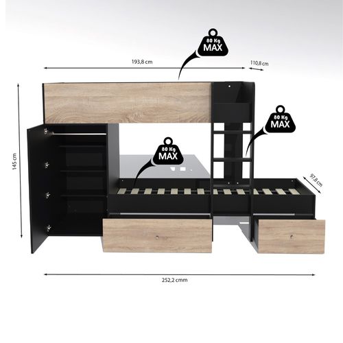 Lit Superposé 90x190 Avec Armoire Et Tiroirs Tweel Noir Et Chêne Incl. 2 Sommiers