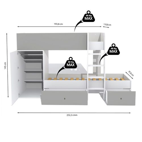 Lit Superposé 90x190 Avec Armoire Et Tiroirs Tweel Gris Et Blanc Incl. 2 Sommiers