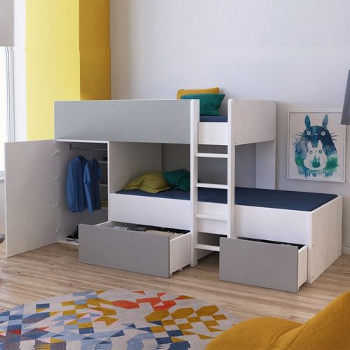 Lit Superposé 90x190 Avec Armoire Et Tiroirs Tweel Gris Et Blanc Incl. 2 Sommiers