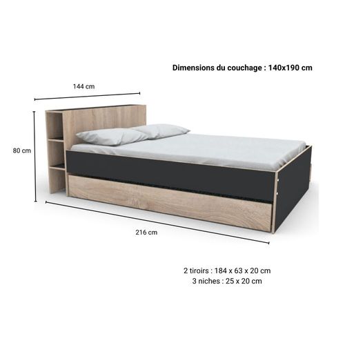 Lit 2 Places 140x190cm Noir Et Chêne Rogo Inclus Sommier Et Tete De Lit Avec Étageres Et 2 Tiroirs
