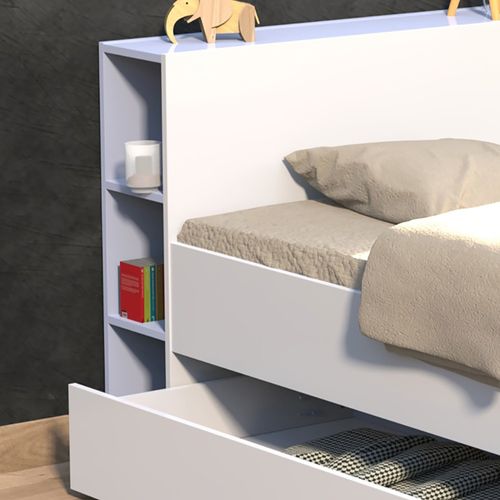 Lit 2 Places 140x190cm Blanc Rogo Inclus Sommier Et Tete De Lit Avec Étageres Et 2 Tiroirs