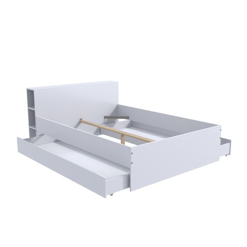 Lit 2 Places 140x190cm Blanc Rogo Inclus Sommier Et Tete De Lit Avec Étageres Et 2 Tiroirs