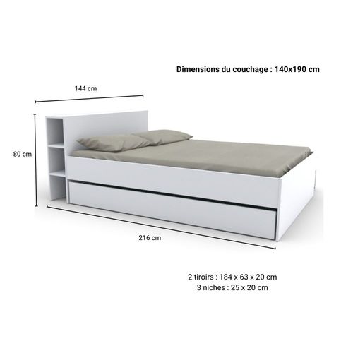 Lit 2 Places 140x190cm Blanc Rogo Inclus Sommier Et Tete De Lit Avec Étageres Et 2 Tiroirs