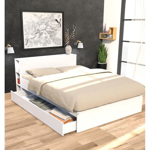 Lit 2 Places 140x190cm Blanc Rogo Inclus Sommier Et Tete De Lit Avec Étageres Et 1 Tiroir