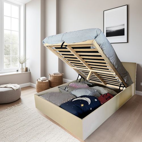 Lit Coffre 2 Places 140x190cm Tissu  Beige Avec Sommier Maro