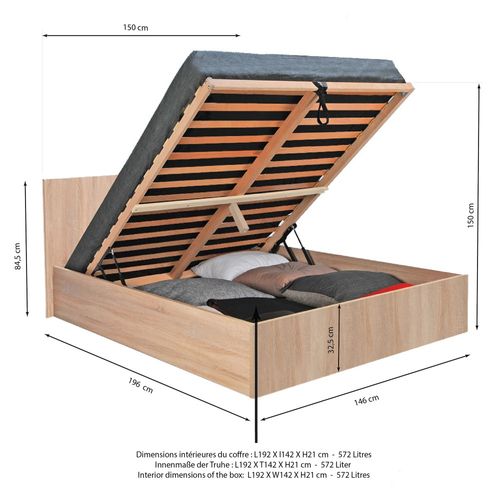 Lit Coffre 2 Places 140x190cm Couleur Chêne Avec Sommier Maro