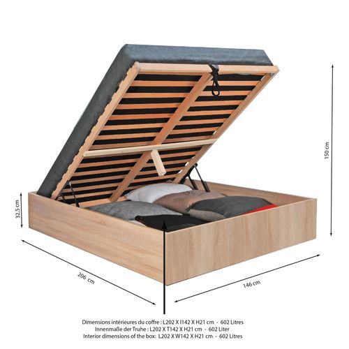 Lit Coffre 2 Places 140x200cm Couleur Chêne Avec Sommier Bilyba