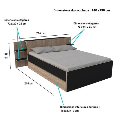 Lit 2 Places 140x190cm Chêne Et Noir Cita Inclus Sommier Et Tete De Lit Chevet Et Tiroir