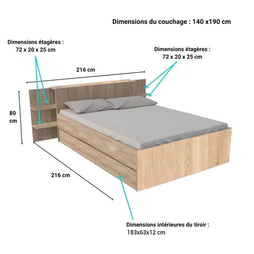 Lit 2 Places 140x190cm Chêne Cita Inclus Sommier Et Tete De Lit Chevet Et Tiroir