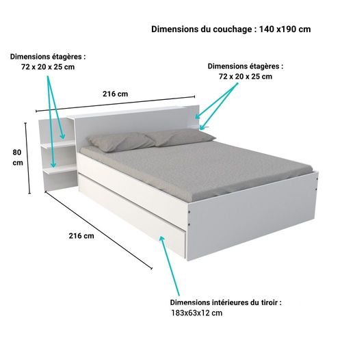 Lit 2 Places 140x190cm Blanc Cita Inclus Sommier Et Tete De Lit Chevet Et Tiroir