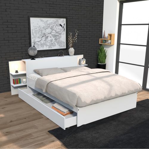 Lit 2 Places 140x190cm Blanc Cita Inclus Sommier Et Tete De Lit Chevet Et Tiroir