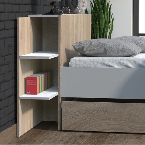 Lit 2 Places 140x190cm Blanc Et Chêne Cita Inclus Sommier Et Tete De Lit Chevet Et Tiroir