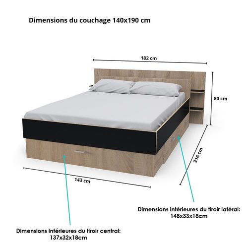 Lit 2 Places 140x190cm Chêne Et Noir Sand Inclus Sommier Et Tete De Lit Et 2 Tiroirs