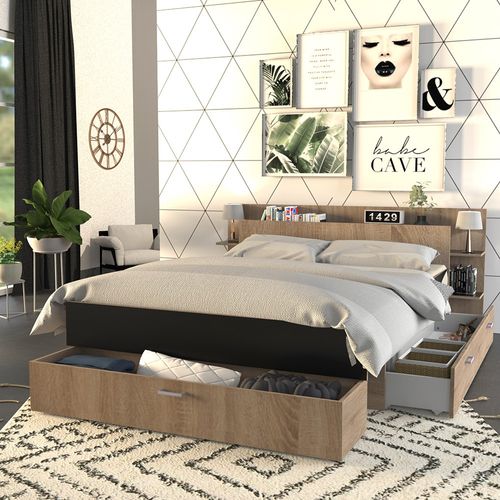 Lit 2 Places 140x190cm Chêne Et Noir Sand Inclus Sommier Et Tete De Lit Et 2 Tiroirs