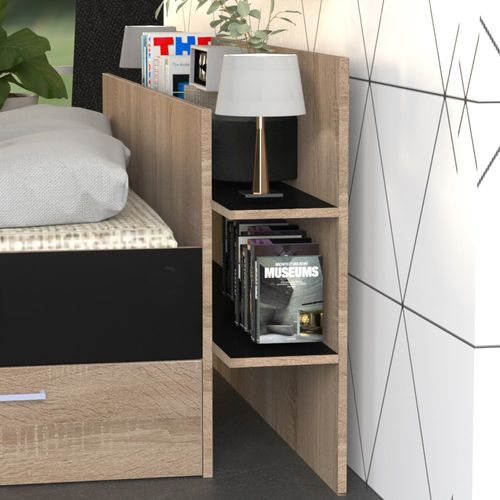 Lit 2 Places 140x190cm Chêne Et Noir Sand Inclus Sommier Et Tete De Lit Et 2 Tiroirs
