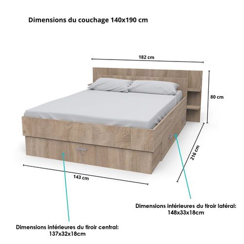 Lit 2 Places 140x190cm Chêne Sand Inclus Sommier Et Tete De Lit Et 2 Tiroirs