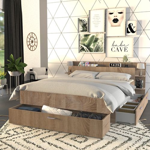Lit 2 Places 140x190cm Chêne Sand Inclus Sommier Et Tete De Lit Et 2 Tiroirs