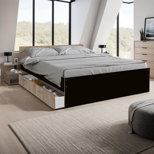 Lit 2 Places 140x190cm Noir Et Chêne Tido Inclus Sommier, 1 Chevet Et 1  Tiroir Pour Rangement