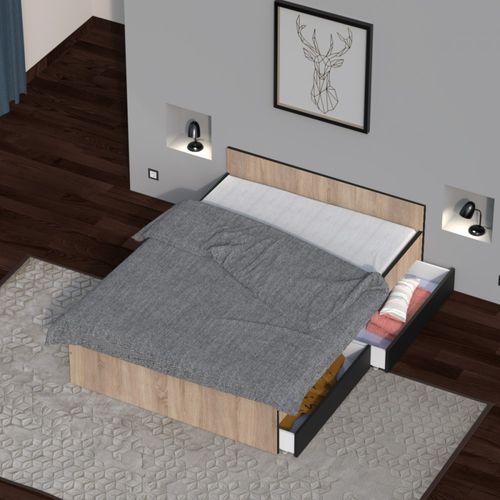 Lit 2 Places 140x190cm Noir Et Chêne Kiapa Inclus Sommier Et 2  Tiroirs Pour Rangement