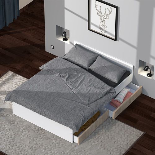 Lit 2 Places 140x190cm Blanc Et Chêne Kiapa Inclus Sommier Et 2  Tiroirs Pour Rangement