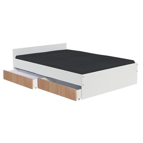 Lit 2 Places 140x190cm Blanc Et Chêne Kiapa Inclus Sommier Et 2  Tiroirs Pour Rangement