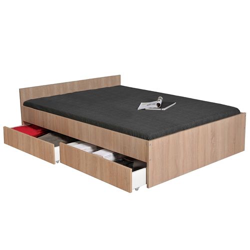Lit 2 Places 160x200cm Couleur Chêne Kiapa Inclus Sommier Et 2  Tiroirs Pour Rangement