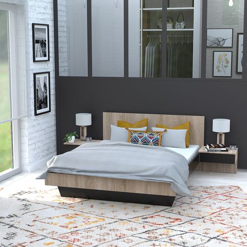 Lit 2 Places 140x190cm Noir Et Chêne Cail Inclus Sommier Et 2 Chevets