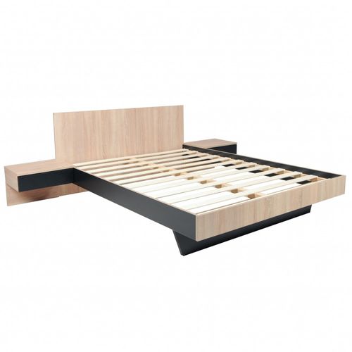 Lit 2 Places 140x190cm Noir Et Chêne Cail Inclus Sommier Et 2 Chevets
