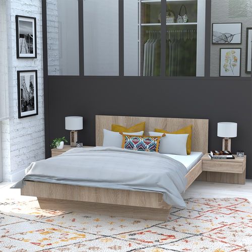 Lit 2 Places 140x190cm Couleur Chêne Cail Inclus Sommier Et 2 Chevets