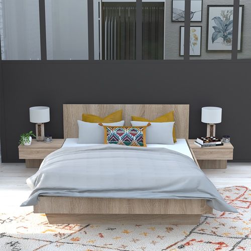 Lit 2 Places 140x190cm Couleur Chêne Cail Inclus Sommier Et 2 Chevets
