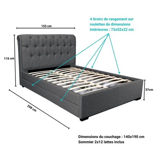 Lit 2 Places 140x190cm Chalin Gris Foncé Avec Tête De Lit Inclus Sommier Et 4 Tiroirs Pour Rangement