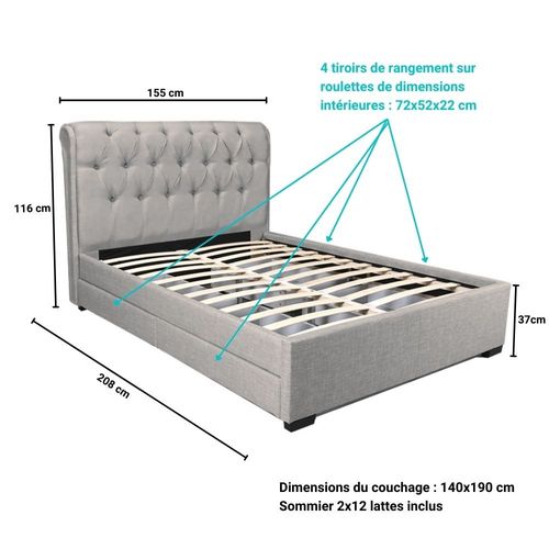 Lit 2 Places 140x190cm Chalin Gris Clair Avec Tête De Lit Inclus Sommier Et 4 Tiroirs Pour Rangement